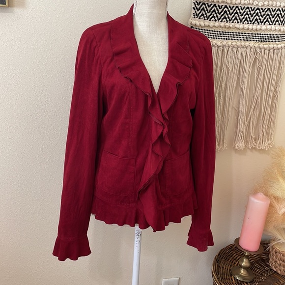 Red Ruffled Blazer with Hook Front Closure / Brand Rafael: Size 12 / Lightweight - Picture 2 of 9